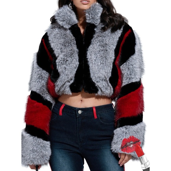 Azalea Wang Jackets & Blazers - Azalea Wang Faux Fur Coat Small Gray Red Stripes Cropped Mob Wife Jacket